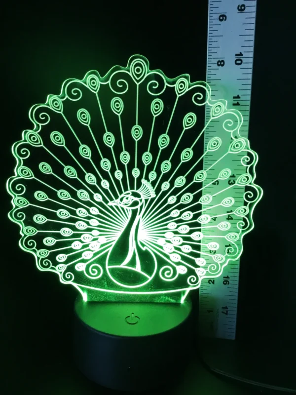 Peacock 3D LED Lamp glowing in Yellow – bright and cheerful decorative accent light