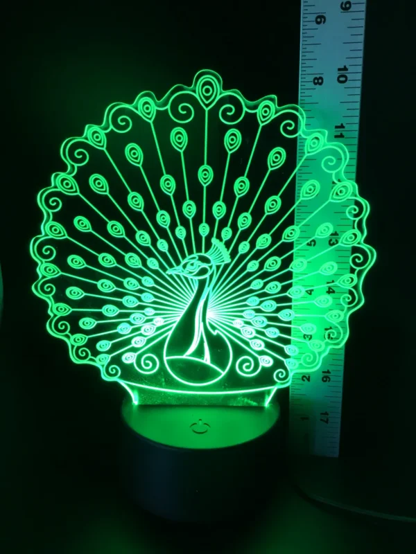 Peacock 3D LED Lamp glowing in Green – refreshing and lively bird-themed night light