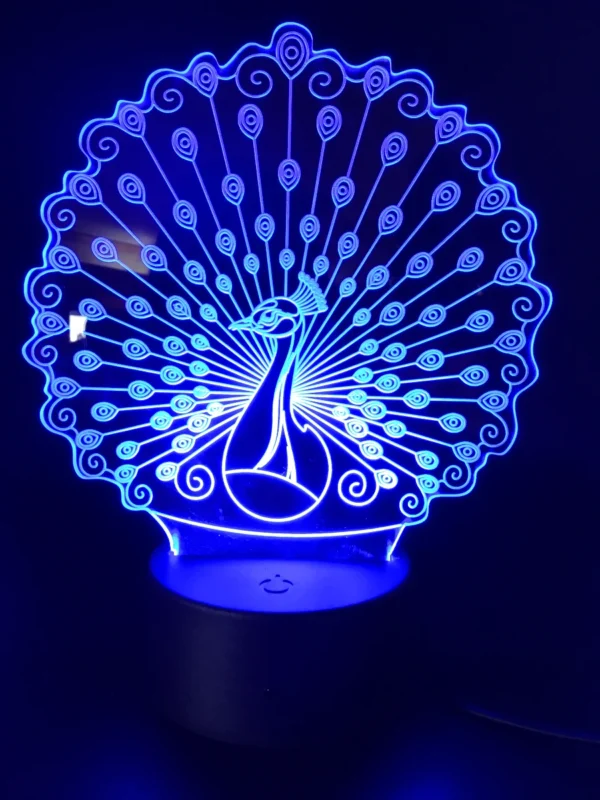 Peacock 3D LED Lamp glowing in Blue – calming and elegant home decor light