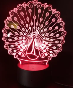 Peacock 3D LED Lamp glowing in Red – vibrant and bold artistic night light