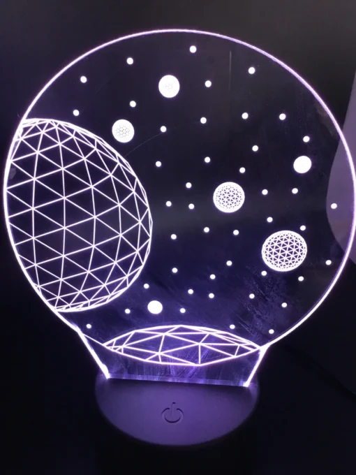 Close-up of Planettron 3D LED Lamp – detailed laser-etched acrylic panel, clear view
