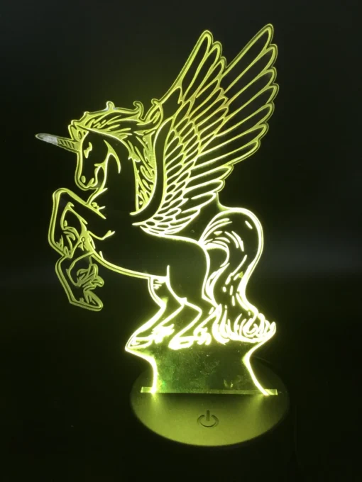 Unicorn 3D LED Lamp glowing in Yellow – bright and cheerful fantasy light