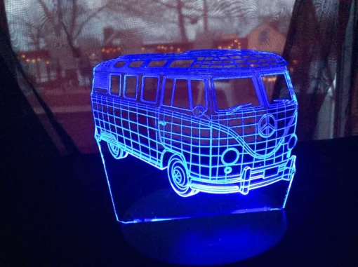 Blue Pink 3D VW Bus LED Lamp glowing with color-changing lights.