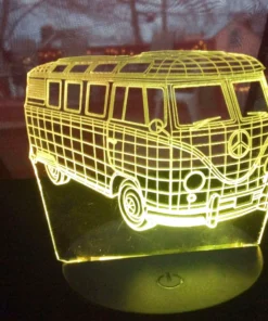 Yellow Pink 3D VW Bus LED Lamp glowing with color-changing lights.