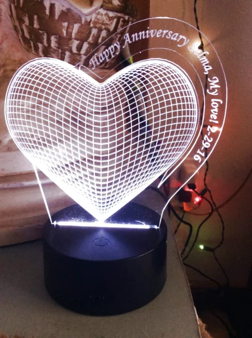 Custom 3D LED Heart Lamp illuminated in white – Heartfelt Wedding Gift Acrylic Lamp