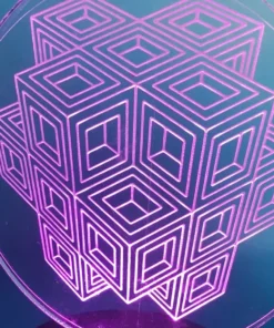Quantum Cube Cluster 3D LED Lamp glowing in Pink – vibrant sacred geometry illusion ligh