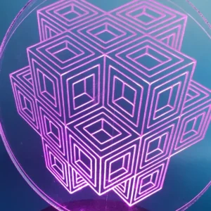 Quantum Cube Cluster 3D LED Lamp glowing in Pink – vibrant sacred geometry illusion ligh