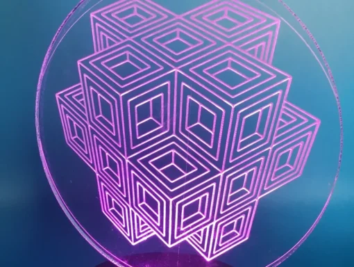 Quantum Cube Cluster 3D LED Lamp glowing in Pink – vibrant sacred geometry illusion ligh