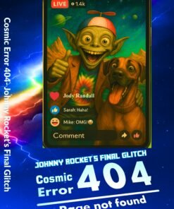 Front book cover of Johnny Rocket’s Final Glitch, featuring Johnny and his prophetic dog on a cosmic livestream with quirky reactions