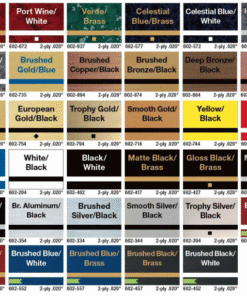 Engraving material color sample chart showing layered color combinations with core contrasts for custom designs.
