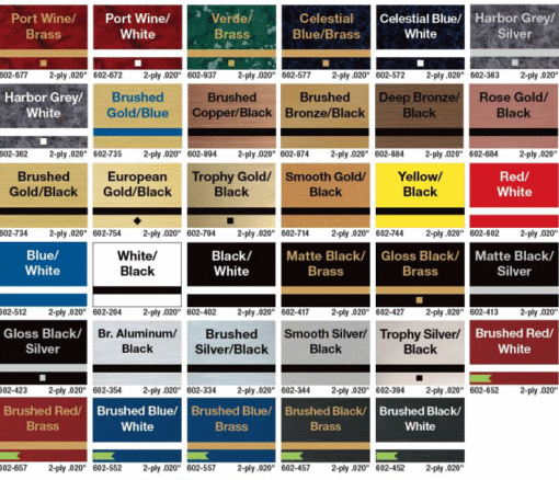 Engraving material color sample chart showing layered color combinations with core contrasts for custom designs.